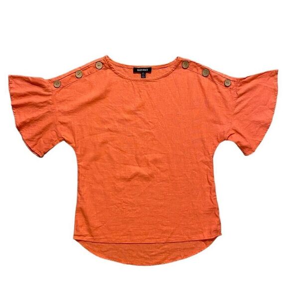 Ellen Tracy Coral Pink Linen Blend Button Accent Bell Sleeve Top NWT Size Small - Picture 1 of 6